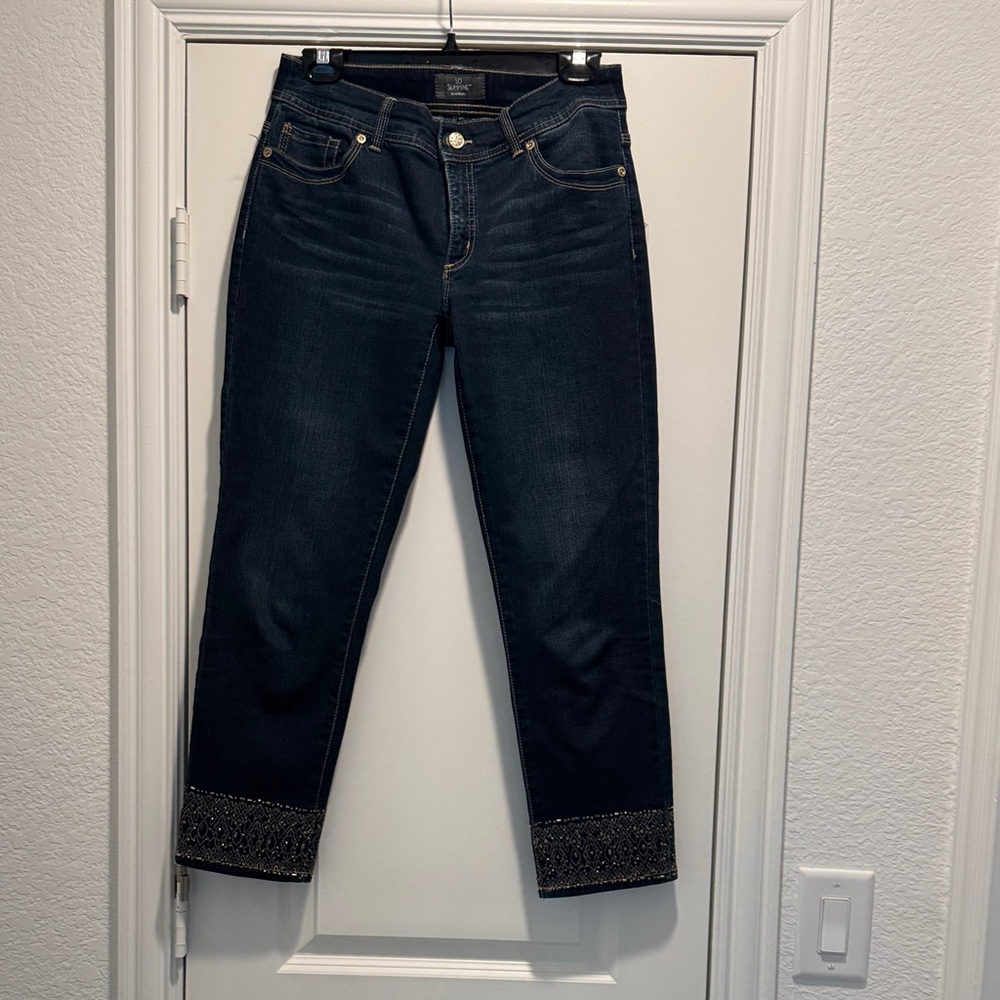 Chico’s dark denim WASH embellished cuff cropped denim